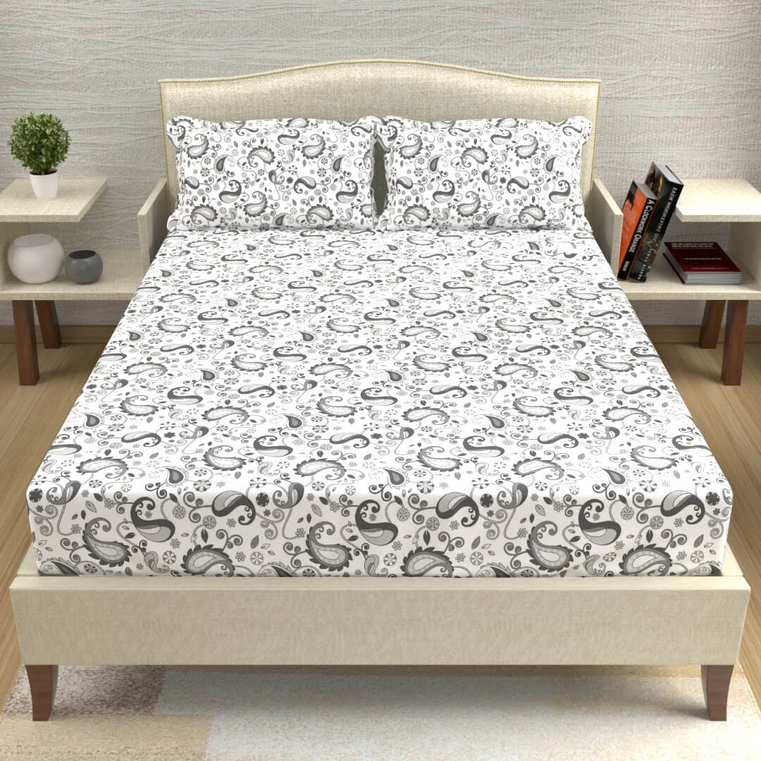 buy ash grey paisley cotton double bed bedsheets online – front view